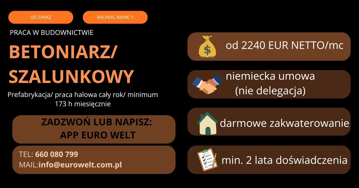 Niemcy/Betoniarz/Od 2250 EUR netto/Od Zaraz  - Zdjęcie 1